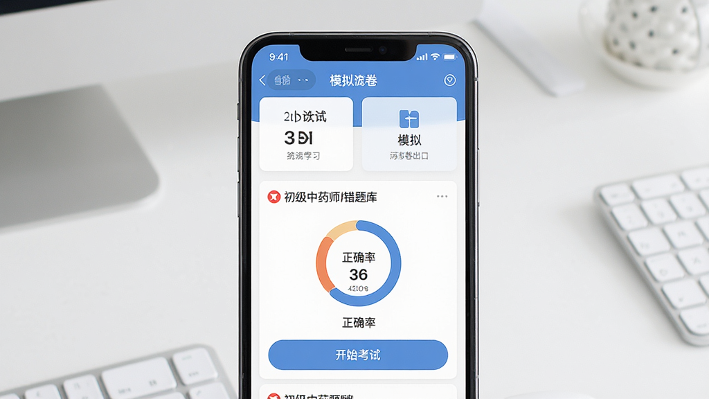 一张展示初级中药师刷题库错题本与模拟考试界面的图片,主体为手机屏幕显示错题列表和模拟卷入口,布局为上方统计卡片下方题目列表,排版清晰,风格为简洁学习工具风格,细节包括红色错题标记、正确率环形图、开始考试按钮,画质高清,画面干净,无多余元素