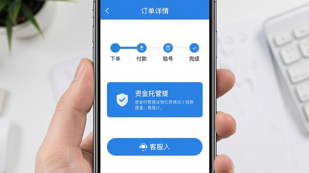 一张手机应用界面展示图,画面为订单详情与担保交易状态页面,屏幕上显示交易进度条包含下单、付款、验号、完成四个节点,中部有资金托管提示框与客服入口按钮,配色为蓝白相间,风格为清晰的移动端交易界面设计,画质高清,排版整齐,干净无多余元素