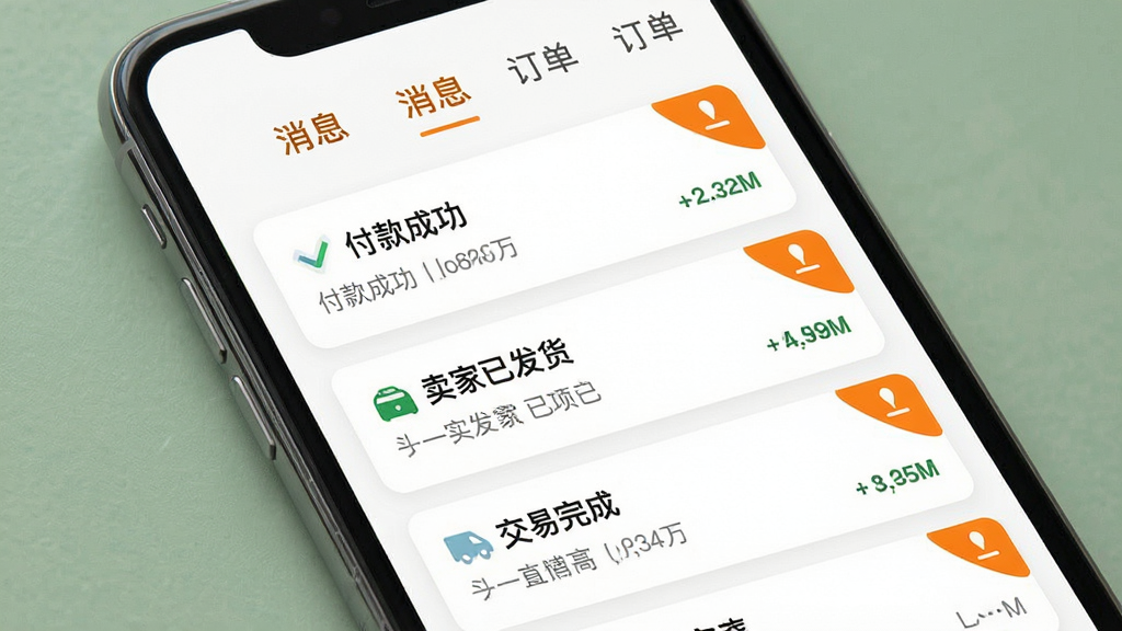 一张手机应用界面展示图,画面为移动端消息通知与订单提醒页面,屏幕上显示多条交易状态通知卡片,包含付款成功、卖家已发货、交易完成等条目,顶部有消息分类标签,配色为白色背景搭配橙色提醒角标,风格为简洁的移动端消息中心设计,画质高清,信息层级分明,干净无多余元素