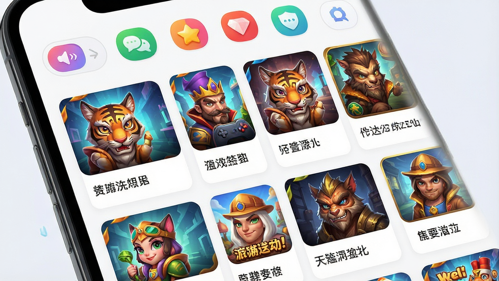 一张手机应用界面展示图,画面为多游戏品类专区页面,屏幕上以网格形式排列多个游戏专区入口,每个入口包含游戏封面图与专区名称,顶部有品类筛选标签栏,配色为彩色图标搭配浅色背景,风格为活泼的移动端商城设计,画质高清,布局清晰,干净无多余元素