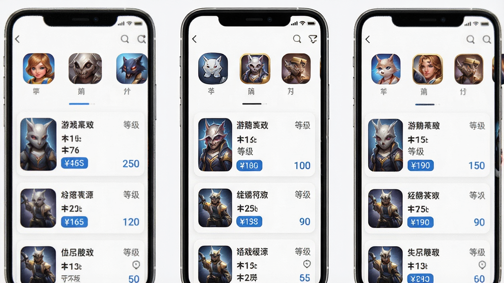 一张手机应用界面展示图,画面为游戏账号分类列表页面,屏幕上显示多个游戏图标横向排列,下方为账号商品卡片纵向列表,每张卡片包含账号缩略图、游戏名称、价格标签与等级信息,配色以白色为底搭配蓝色高亮,风格为简洁明快的移动端UI设计,画质高清,布局规整,干净无多余元素