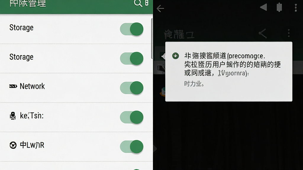 一张手机应用界面展示图,画面为安卓手机设置页面的权限管理界面,屏幕上显示应用权限列表包含存储、网络、通知等开关选项,旁边有提示说明文字框,配色为白色背景搭配绿色开关按钮,风格为简洁的系统设置界面设计,画质高清,布局清晰,干净无多余元素