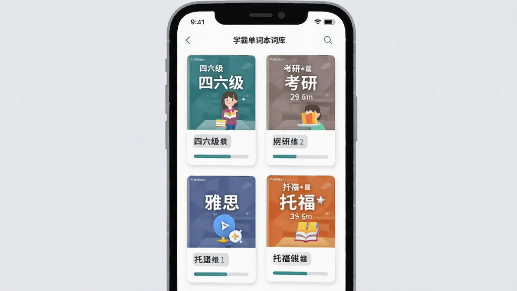 一张展示学霸单词本词库选择界面的手机界面插画,手机屏幕内列出多个词书封面卡片,包括四六级、考研、雅思、托福等标签,每张卡片上有词汇数量与进度条,界面风格清爽扁平,背景为淡灰色,画质清晰,干净无多余元素