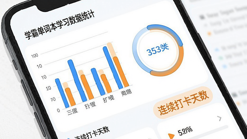 一张展示学霸单词本学习数据统计页面的手机界面插画,屏幕内包含柱状图、环形进度图与连续打卡天数标识,数据以蓝色和橙色区分,界面布局清晰,背景为白色,整体风格现代简洁,画质清晰,干净无多余元素