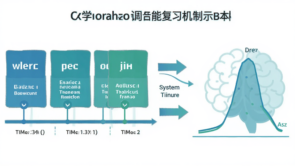 一张表现学霸单词本智能复习机制的示意图,画面左侧是一排单词卡片按时间轴排列,右侧是大脑记忆曲线图形,中间用箭头连接表示系统自动调度,卡片上写着英文单词与复习天数标记,整体采用扁平化信息图风格,配色以蓝绿为主,画质清晰,干净无多余元素