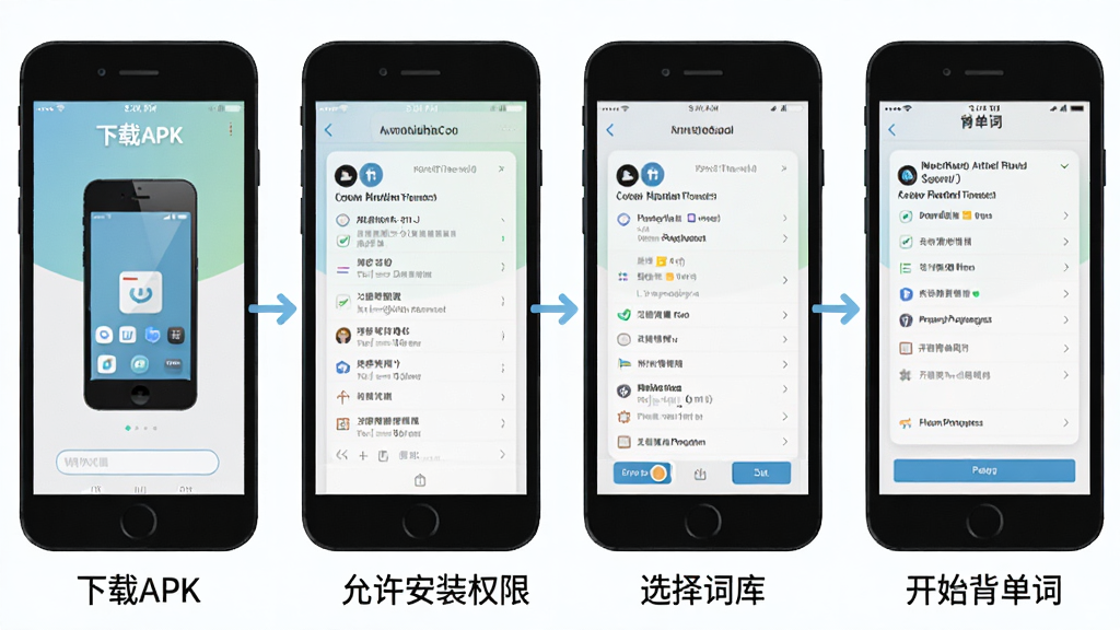 一张表现学霸单词本安装与使用流程的步骤示意图,画面从左到右依次为下载APK、允许安装权限、选择词库、开始背单词四个手机界面缩略图,每个步骤下方有简短文字标注,整体采用流程信息图风格,配色清爽,画质清晰,干净无多余元素