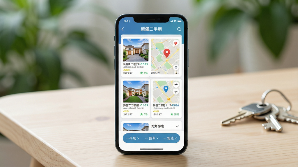 主体为一部智能手机,屏幕显示“新疆二手房”应用界面,界面中包含房源列表卡片、地图定位图标与筛选按钮,布局为手机居中放置于浅色木质桌面,背景虚化带有绿植与钥匙元素,风格为清新写实的产品展示风,细节包括屏幕反光自然、图标清晰、卡片信息排布整齐,画质高清,画面干净,无多余元素