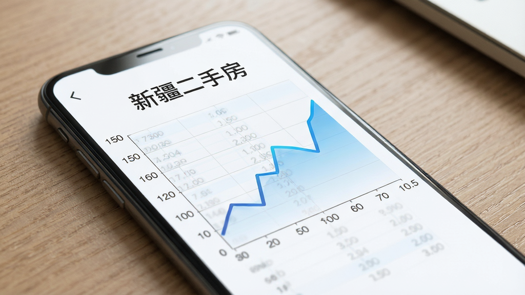 主体为手机屏幕展示折线走势图,图上方标注“新疆二手房”字样,布局为手机斜置于桌面、屏幕朝向观者,风格为简洁商务风,细节包括折线颜色为蓝色渐变、坐标轴刻度清晰、背景带有淡淡的数据网格,画质高清,画面干净,无多余元素