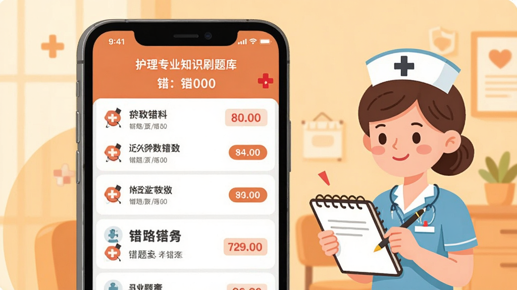 护理专业知识刷题库错题本功能界面,手机屏幕显示错题列表与红色标记的错题数量,旁边有一个卡通护士形象拿着笔记本记录,背景为暖色调,扁平化插画风格,构图简洁明快,细节清晰,画质干净,无多余元素