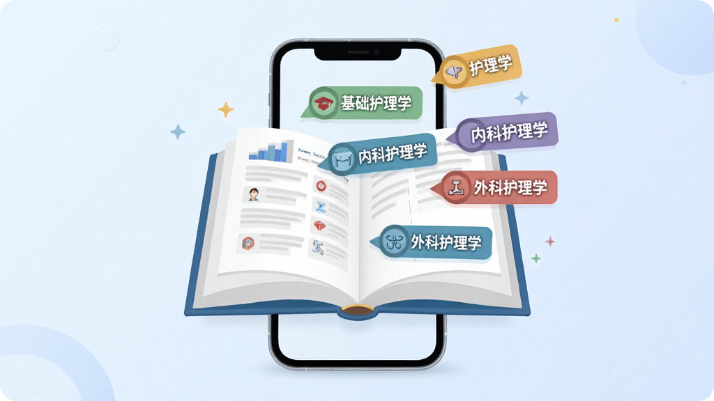 护理专业知识刷题库海量题库功能展示,画面中一本打开的电子题库书籍悬浮在手机屏幕上方,书页中飞出多个学科标签如基础护理学、内科护理学、外科护理学,每个标签带有小图标,背景为浅色渐变,扁平化设计风格,构图层次分明,细节丰富,画质干净,无多余元素