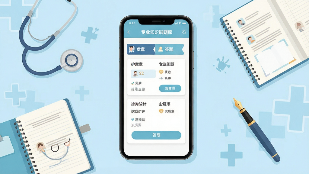护理专业知识刷题库软件主界面展示,手机屏幕中呈现整洁的题库分类列表与答题卡片,背景为淡蓝色医疗风格,画面中央放置一部智能手机,屏幕内显示护理专业知识刷题库的章节练习页面,周围点缀听诊器、笔记本、钢笔等学习元素,扁平化插画风格,色彩清新柔和,构图居中对称,细节清晰,画质干净,无多余元素