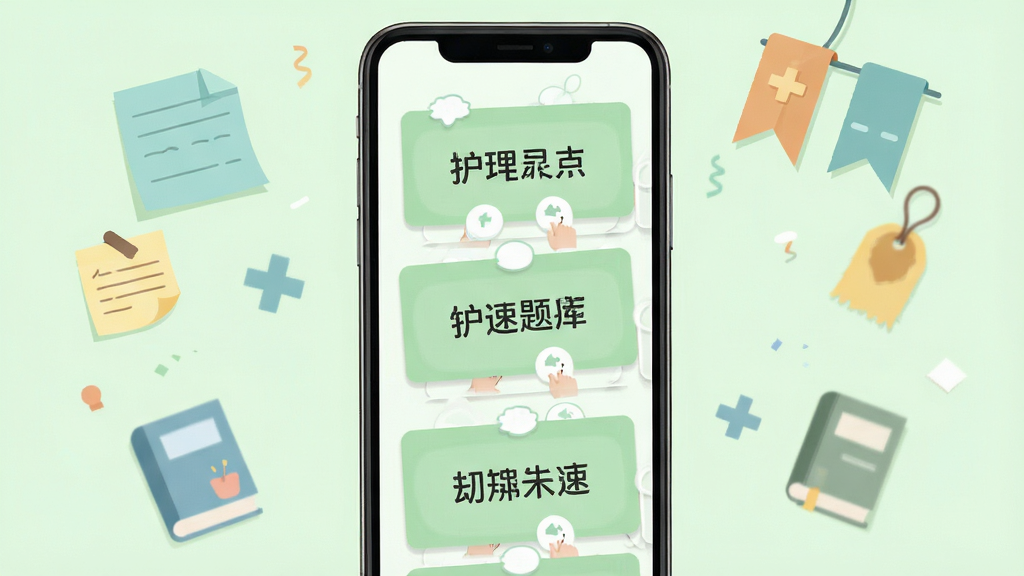 护理专业知识刷题库考点速记卡片功能,手机屏幕显示一张张可滑动的知识卡片,卡片上写有护理考点关键词,背景为淡绿色,周围漂浮着便签与书签元素,扁平化插画风格,构图轻盈,细节清晰,画质干净,无多余元素