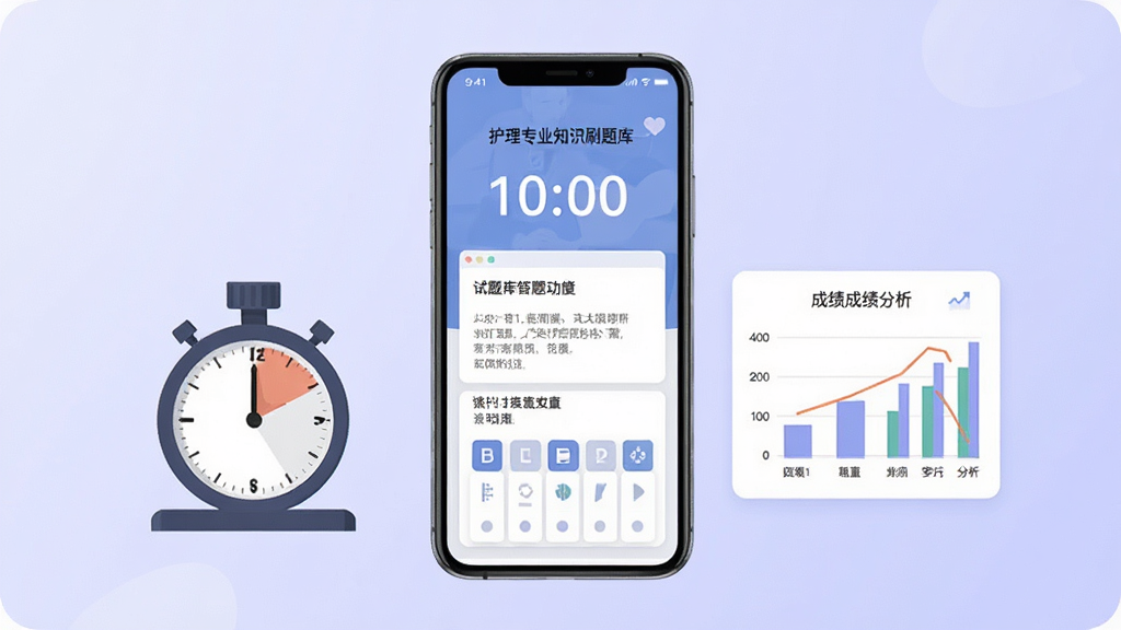 护理专业知识刷题库模拟考试功能展示,手机屏幕呈现考试倒计时与答题卡界面,旁边有计时器与成绩分析图表元素,背景为淡紫色渐变,扁平化设计风格,构图居中,细节清晰,画质干净,无多余元素
