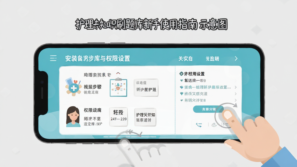 护理专业知识刷题库新手使用指南示意图,画面中一部手机展示安装步骤与权限设置界面,旁边有卡通手指点击屏幕的引导动作,背景为浅灰色,扁平化设计风格,构图清晰,细节丰富,画质干净,无多余元素