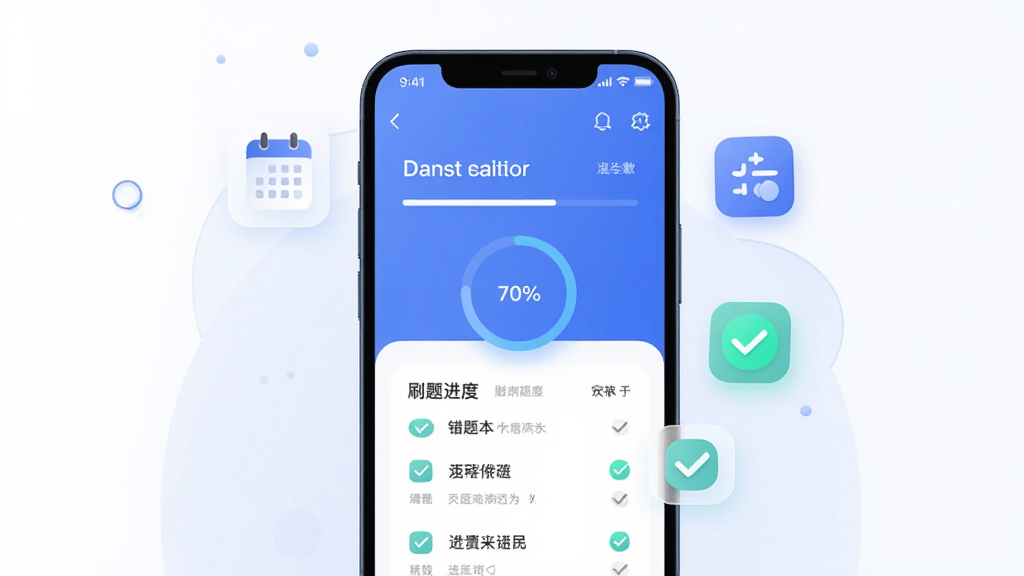主体为手机屏幕显示刷题进度与错题本界面,布局为手机居中配合悬浮图标,排版清晰分层,风格为现代教育科技感插画,细节包含日历、进度环与勾选标记,画质干净整洁无多余元素