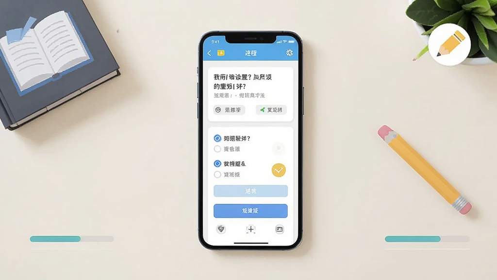主体为一部智能手机竖屏展示刷题应用界面,屏幕上显示题目卡片与选项按钮,布局为手机居中放置于浅色桌面,排版简洁居中,风格为扁平化教育类APP宣传图,细节包括书本、铅笔与进度条图标点缀,画质清晰干净无多余元素