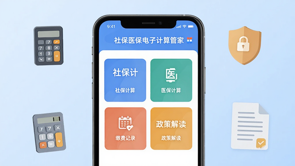 软件全貌概览图,画面中央放置一部智能手机,手机屏幕上显示社保医保电子计算管家的主界面,界面包含社保计算、医保计算、缴费记录、政策解读四个功能入口卡片,背景为浅蓝色渐变,周围点缀计算器图标、盾牌图标、文档图标等元素,整体风格简洁清新,扁平化设计,画质清晰,干净无多余元素