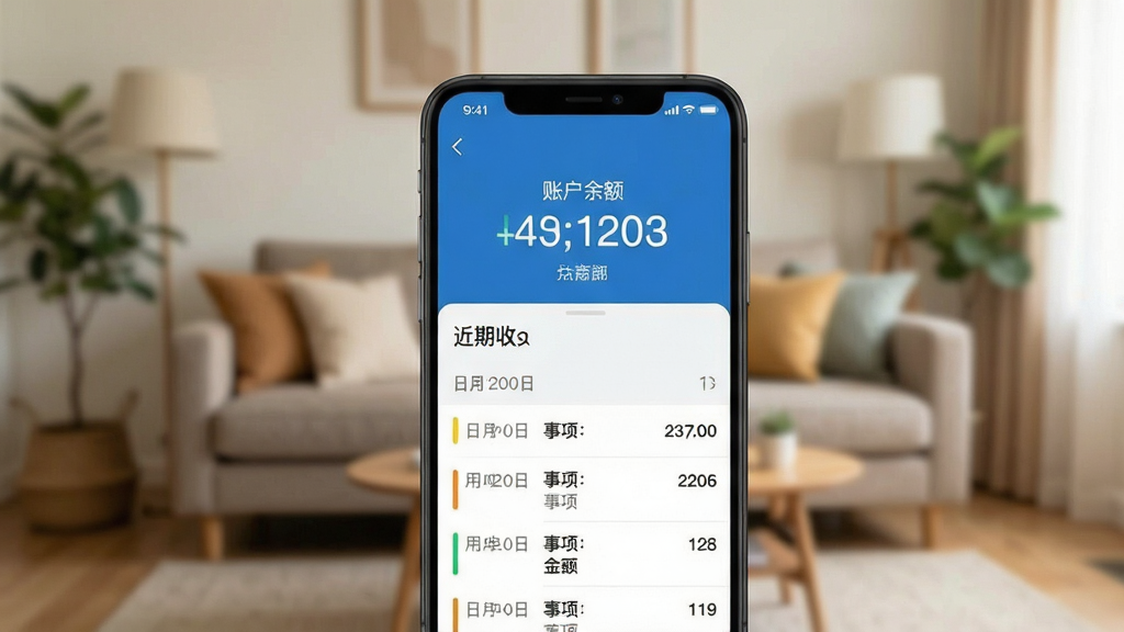 个人账户余额查询功能展示图,画面中手机屏幕显示账户余额页面,上方为账户总余额数字展示,下方为近期收支流水列表,每条记录包含日期、事项、金额,背景为居家客厅虚化场景,整体风格温馨自然,画质清晰,干净无多余元素