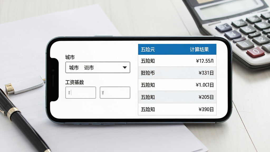 社保缴费测算功能展示图,画面中一部手机横屏展示计算界面,左侧为输入区域包含城市选择下拉框和工资基数输入框,右侧为计算结果列表展示五险明细金额,界面配色以蓝白为主,背景为办公桌面场景,旁边放置纸笔和计算器,整体风格商务简约,画质清晰,干净无多余元素