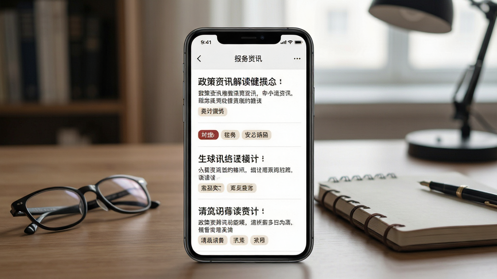 政策资讯解读功能展示图,画面中手机屏幕显示资讯列表页面,每条资讯标题下方配有简短摘要和标签分类,背景为书房场景,旁边放置眼镜和笔记本,整体风格安静沉稳,画质清晰,干净无多余元素