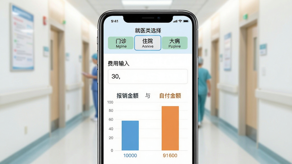 医保报销计算功能展示图,画面中手机屏幕显示医保报销计算页面,上方为就医类型选择按钮包含门诊、住院、大病三个选项,中部为费用输入框,下方为报销金额与自付金额的对比柱状图,背景为医院走廊虚化场景,整体风格清爽明亮,画质清晰,干净无多余元素