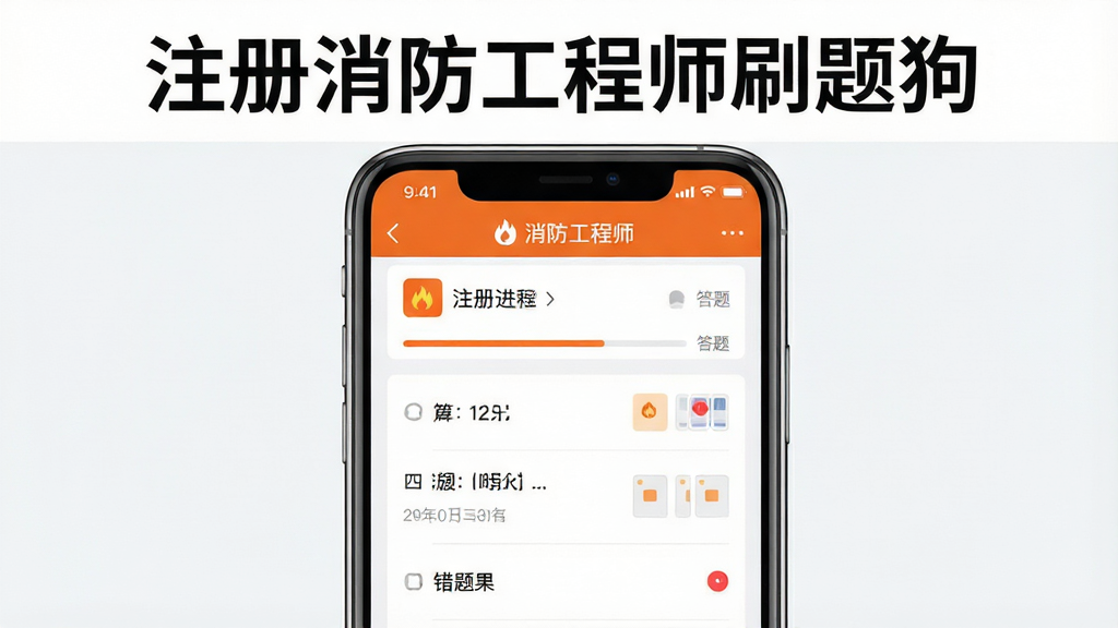 主体为一部智能手机竖屏展示消防工程师刷题界面,布局采用居中构图手机屏幕占据画面中央,排版上方留白放置