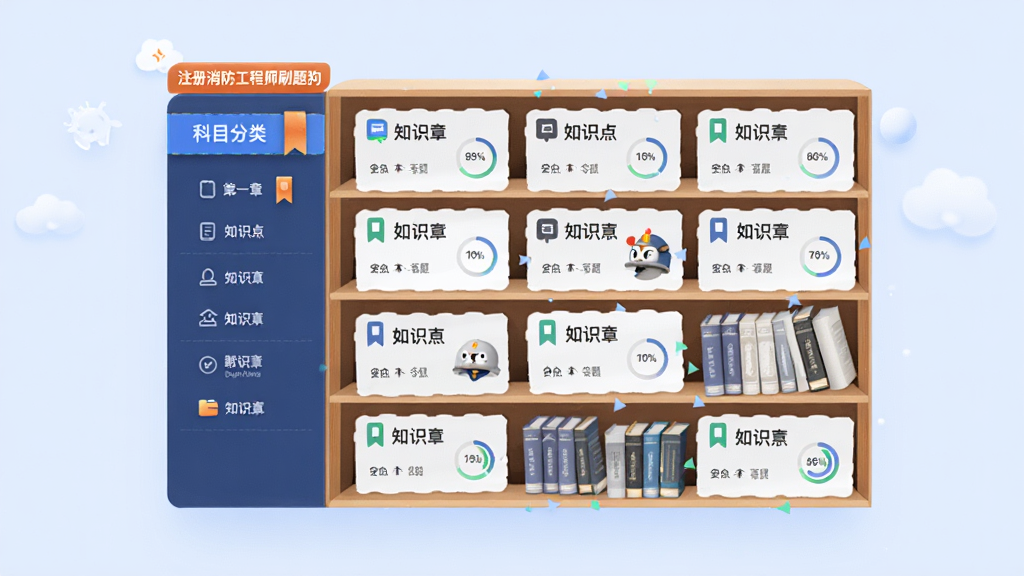 主体为多层书架式题库分类界面悬浮在浅蓝色背景中,布局为左侧科目分类栏右侧题目卡片瀑布流,排版整齐对称,风格为现代教育类UI插画,细节包含