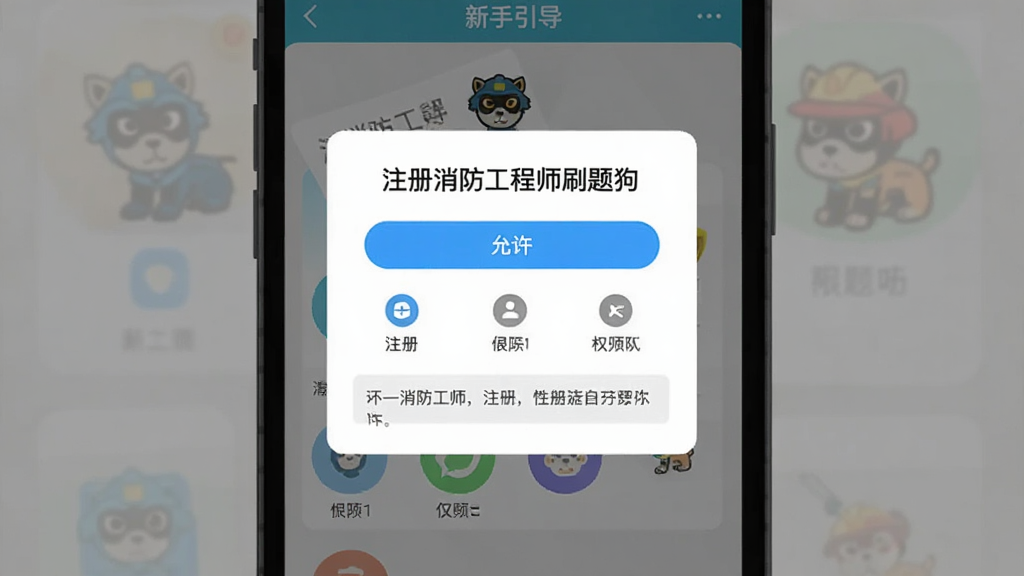 主体为手机屏幕展示新手引导页面与权限设置弹窗,布局为居中弹窗叠加在刷题界面之上,排版简洁明了,风格为扁平化App引导页设计,细节包含