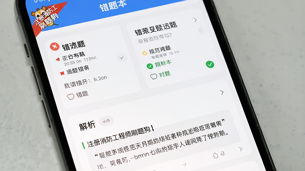 主体为手机屏幕展示错题本列表与解析详情页,布局为上下分栏上方错题卡片下方解析文本框,排版清晰层级分明,风格为学习工具类App界面写实风格,细节包含