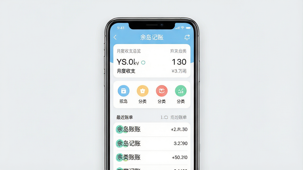 一张手机记账软件界面展示图,画面中央是一部竖屏智能手机,屏幕上显示“余岛记账”应用的主界面,包含月度收支总览、分类图标和最近账单列表,界面配色以浅蓝和白色为主,风格清新简约,排版清晰有序,背景为干净浅灰色,画质高清,细节干净,无多余元素