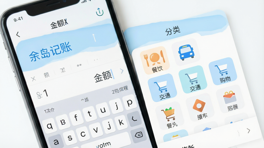 一张展示“余岛记账”极简记账流程的手机界面图,画面中手机屏幕显示金额输入键盘和分类图标选择面板,分类图标包含餐饮、交通、购物等图形化标识,界面以白色和浅蓝色为主,风格清爽现代,排版简洁,背景干净,画质清晰,无多余元素