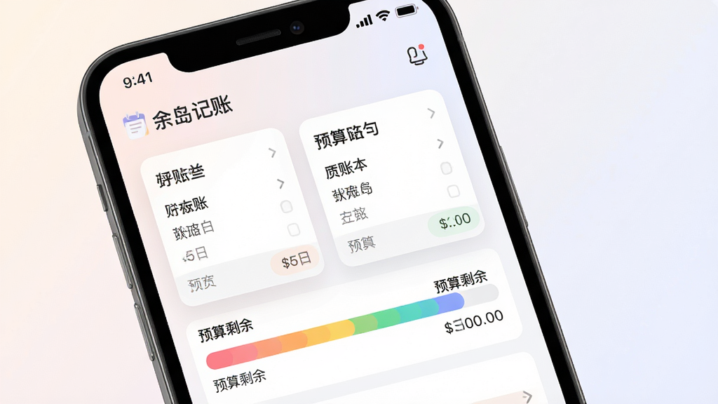 一张“余岛记账”多账本与预算管理功能示意图,画面中手机屏幕显示两个账本卡片和一条彩色预算进度条,进度条旁标注“预算剩余”,界面布局整齐,配色柔和,风格简洁商务,背景为浅色渐变,画质高清,细节干净