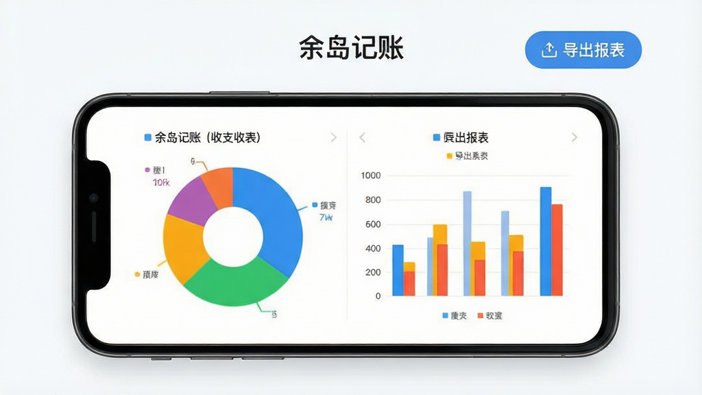 一张“余岛记账”收支图表功能展示图,画面中手机屏幕显示饼状图和柱状图并列排布,图表配色鲜明但不过度花哨,旁边有“导出报表”按钮,界面风格现代简洁,排版对称,背景干净明亮,画质清晰,无杂乱元素