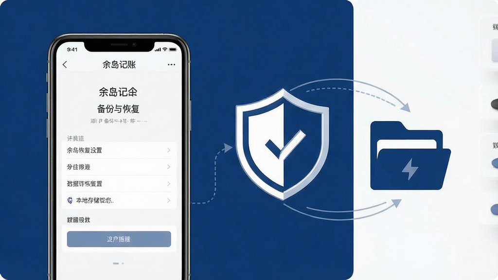 一张“余岛记账”数据安全与本地存储概念图,画面中手机屏幕显示备份与恢复设置页面,旁边有盾牌图标和文件夹图标作为视觉元素,界面风格稳重简洁,配色以深蓝和白色为主,排版清晰,背景干净,画质高清