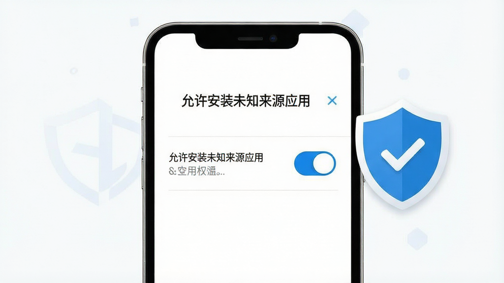 一张手机安全安装设置示意图,画面中手机屏幕显示“允许安装未知来源应用”的权限开关页面,旁边有盾牌和勾选图标作为视觉提示,界面风格清晰直白,配色以白色和蓝色为主,排版简洁,背景干净,画质高清