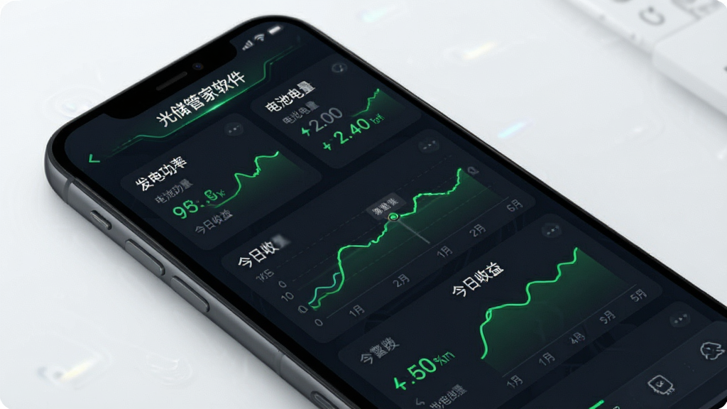 光储管家软件数据监控界面截图风格示意图,画面主体为手机屏幕,屏幕内展示多张数据卡片与折线图,图表标注