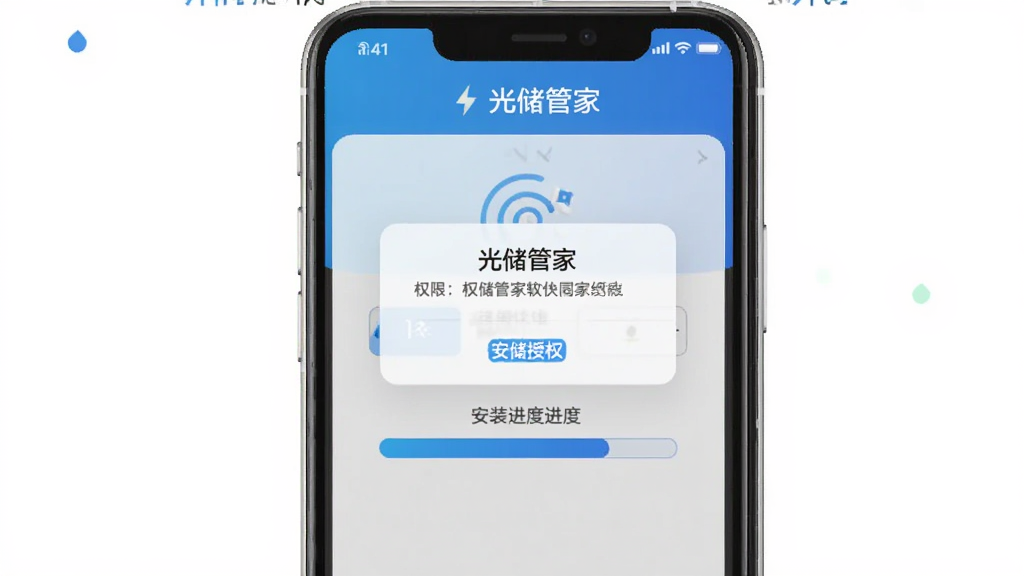 光储管家软件安装引导界面示意图,手机屏幕展示权限授权弹窗与安装进度条,界面风格简洁明快,配色以蓝白为主,画质清晰,布局规整,图中包含文字