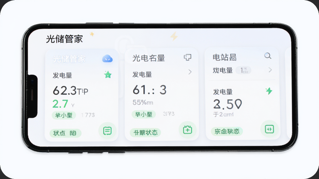 光储管家软件多电站管理界面示意图,手机屏幕内展示三个电站卡片列表,每个卡片包含电站名称、发电量数字与状态标签,界面采用浅色背景与圆角卡片设计,风格清新商务,画质干净,排版整齐,图中包含文字