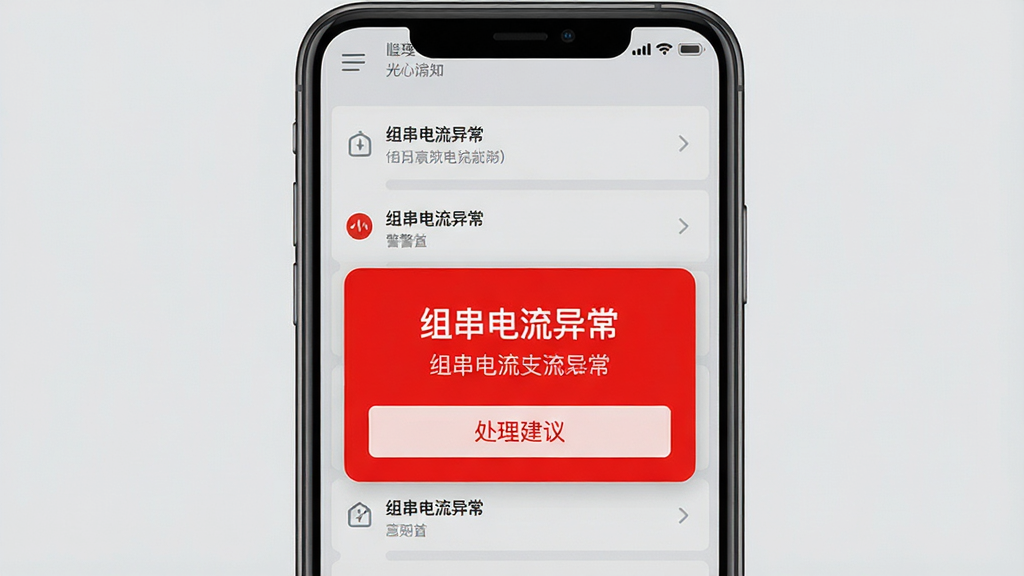 光储管家软件告警通知界面示意图,手机屏幕显示一条醒目的红色告警弹窗,弹窗内写有