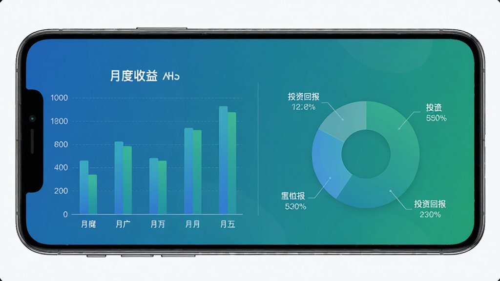 光储管家软件收益分析界面示意图,手机屏幕展示柱状图与饼图组合,图表标注