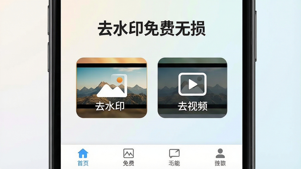 一张手机屏幕正面展示去水印免费无损软件主界面,顶部显示软件名称“去水印免费无损”,中间是醒目的图片和视频去水印功能入口按钮,底部为功能导航栏,背景为浅色渐变,风格简洁清爽,细节清晰,画质高清,干净无多余元素