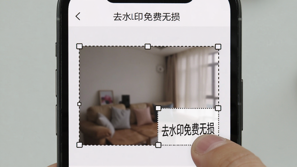 手机屏幕上展示去水印免费无损的框选操作界面,一只手指正在框选图片右下角的水印文字,界面显示“去水印免费无损”软件名称,选区边缘有虚线高亮,背景为简洁的浅灰色,风格直观易用,画质清晰,干净无多余元素