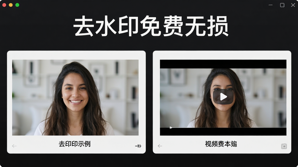 去水印免费无损软件界面展示图片与视频双模式切换,左侧为图片去水印示例,右侧为视频去水印示例,屏幕顶部标注“去水印免费无损”,整体布局对称清晰,风格现代简约,画质高清,干净无多余元素