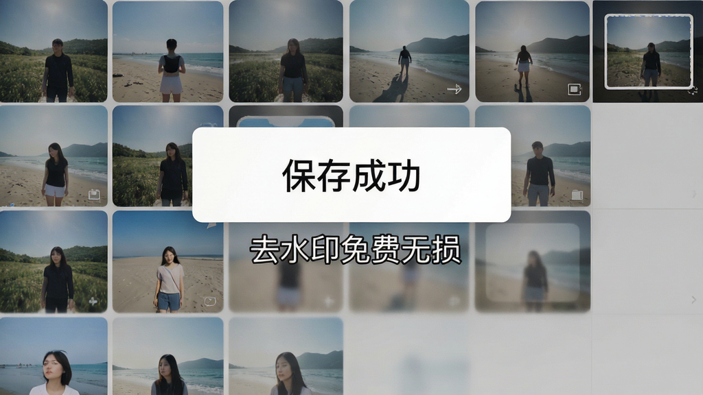 去水印免费无损软件处理完成界面,屏幕显示“保存成功”提示,下方有“去水印免费无损”字样,背景为手机相册缩略图,风格干净利落,细节清晰,画质高清,干净无多余元素