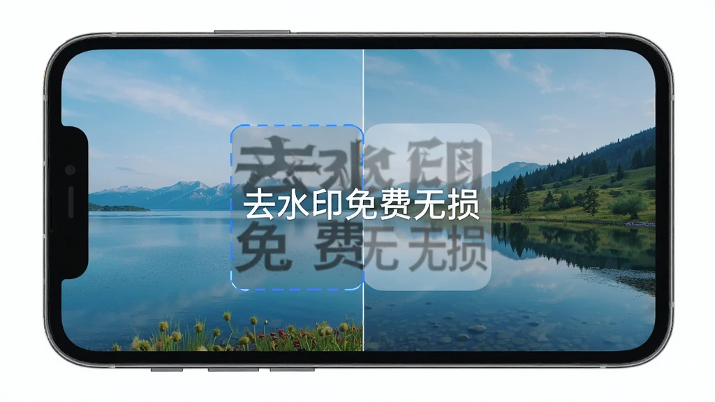 一部手机正在处理一张带水印的风景照片,屏幕中央显示“去水印免费无损”操作界面,水印区域被智能识别并淡化消除,处理前后对比明显,画面明亮清晰,风格写实,画质细腻,干净无多余元素