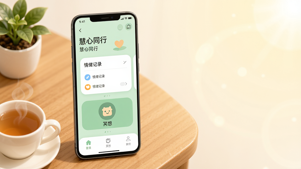 画面主体为一部竖屏安卓手机,屏幕中央展示“慧心同行”应用主界面,界面包含柔和的浅绿色背景、情绪记录卡片与冥想入口图标;手机放置在木质桌面,旁边有一杯热茶与一盆小绿植;布局为手机居中偏左,右侧留白放置柔和光晕;排版简洁,风格温暖治愈、扁平化插画感;细节上手机边框清晰、屏幕内容文字为“慧心同行”与“情绪记录”,图标圆润;画质高清、干净、无多余元素