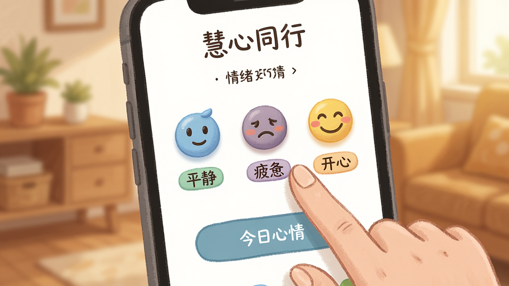 画面主体为一只手在手机屏幕上点击彩色心情图标,屏幕显示“慧心同行”情绪记录页面,页面中有“平静”“疲惫”“开心”等标签;布局为手机屏幕特写占据画面中心,背景虚化为暖色调室内环境;排版突出心情图标与记录按钮;风格清新柔和、手绘质感;细节上图标有轻微立体感,屏幕文字为“慧心同行”与“今日心情”;画质高清、干净、无多余元素