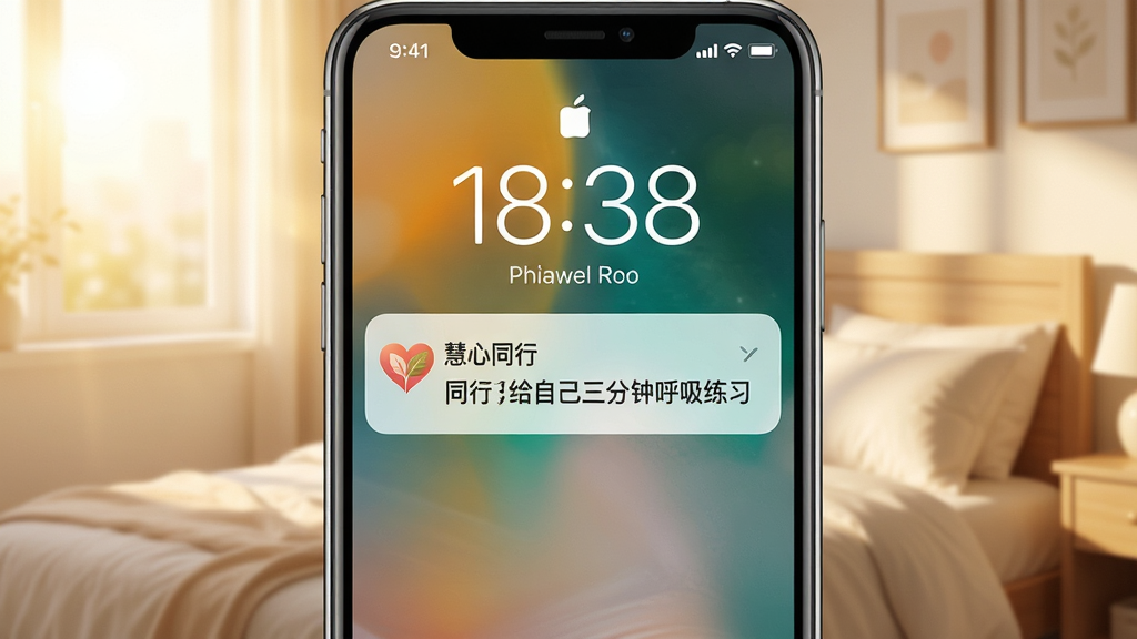 画面主体为手机锁屏界面弹出“慧心同行”温和提醒通知,通知文字为“慧心同行:给自己三分钟呼吸练习”;布局为手机居中,背景为清晨卧室柔和光线;排版突出通知卡片与时间;风格生活化、温暖治愈;细节上通知图标为心形叶片,屏幕顶部显示时间;画质高清、干净、无多余元素