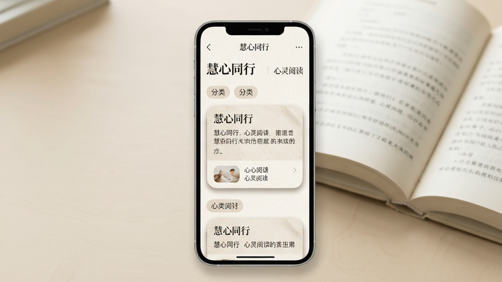 画面主体为手机屏幕展示“慧心同行”心灵阅读列表页,页面有文章卡片与分类标签,卡片标题含“慧心同行”字样;布局为手机竖屏居中,背景为浅米色书桌与一本翻开的书;排版清晰,卡片圆角;风格文艺清新、纸张质感;细节上屏幕文字为“慧心同行”与“心灵阅读”,卡片有柔和阴影;画质高清、干净、无多余元素