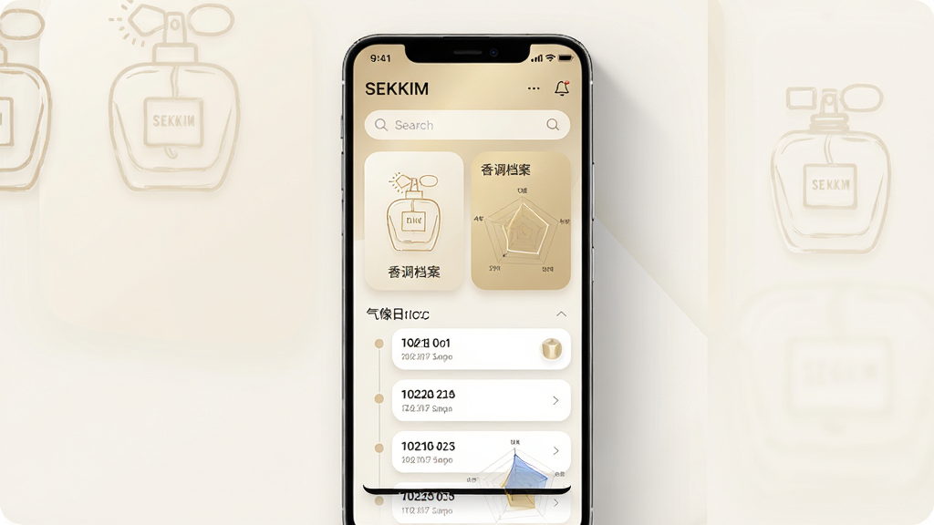 主体为一部竖屏安卓手机居中放置,屏幕内展示SEKKIM应用主界面,上方为香调分类卡片与搜索框,下方为气味日记时间轴列表;布局采用左右留白、上下分层的杂志排版;风格为现代简约科技感,浅米色与淡金色配色;细节包括香水瓶线性图标、香调雷达图、柔和阴影与圆角卡片;画质清晰干净,无多余装饰元素,画面中文字为“SEKKIM”与“香调档案”。